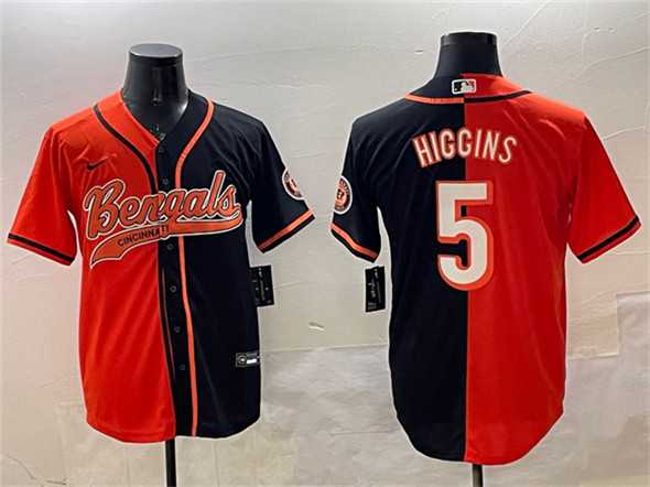 Mens Cincinnati Bengals #5 Tee Higgins Orange Black Split With Patch Cool Base Stitched Jersey Dzhi
